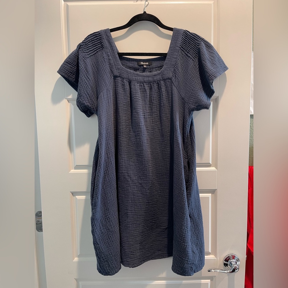 Madewell Lightspun Butterfly Square-Neck Mini Dress Navy Blue Cotton